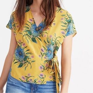 Madewell Yellow Floral Wrap Blouse with Blue Flowers